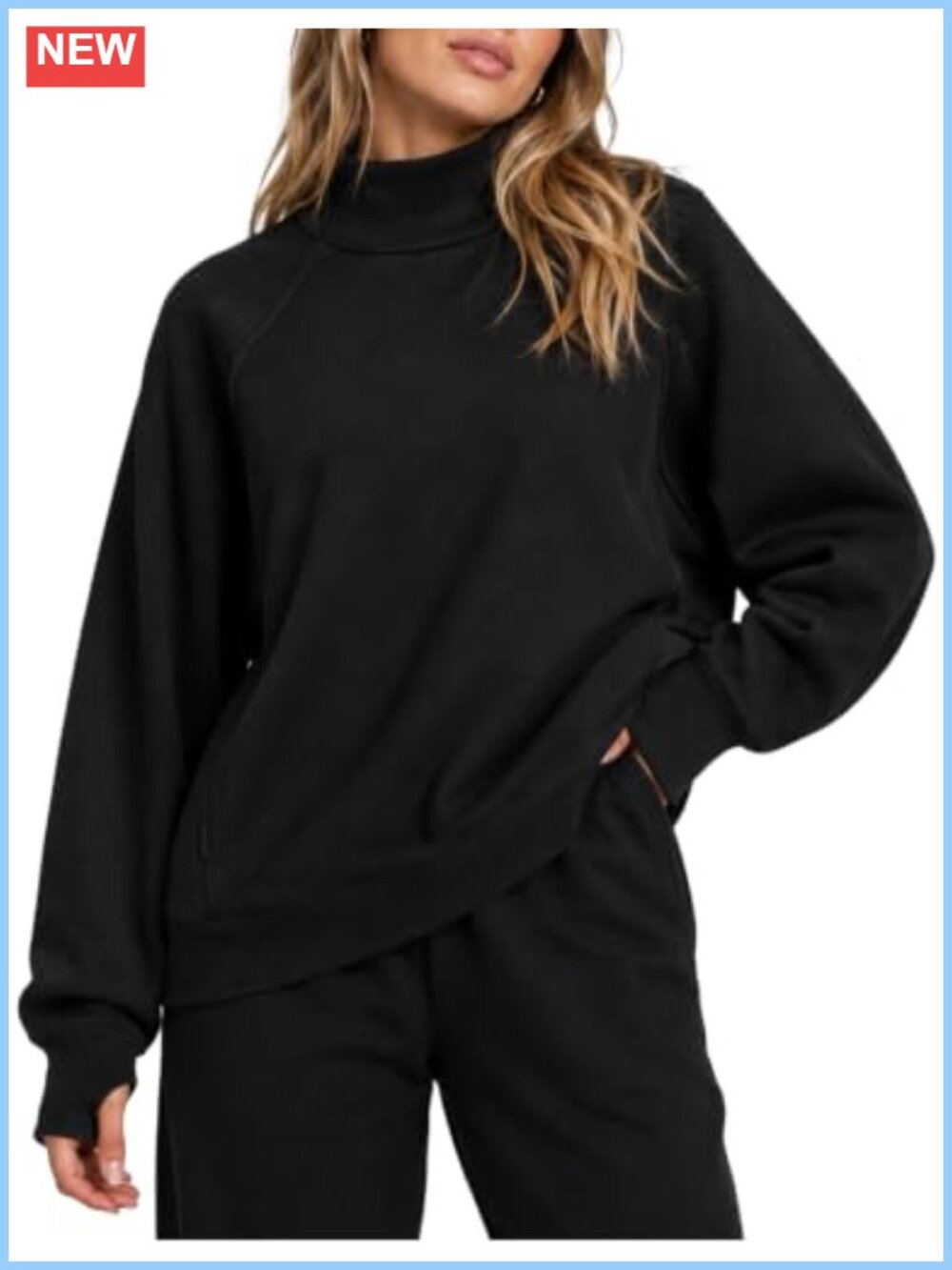 Mock Neck Fleece Lined Pullover Sweatshirt Thumbhole Pockets Loose Fit
